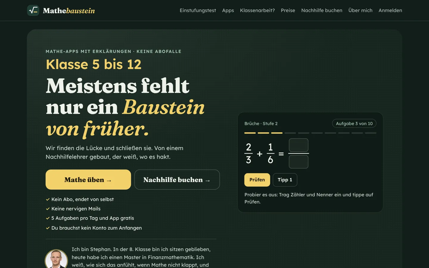 Startseite von Mathebaustein: Überschrift „Meistens fehlt nur ein Baustein von früher.“, daneben eine Bruchrechenaufgabe zum Ausprobieren.